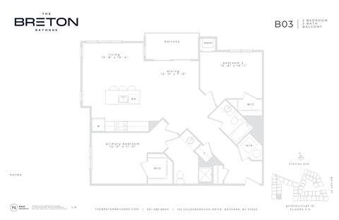 Floor plan for 2 beds, 2 baths, 1167 sqft